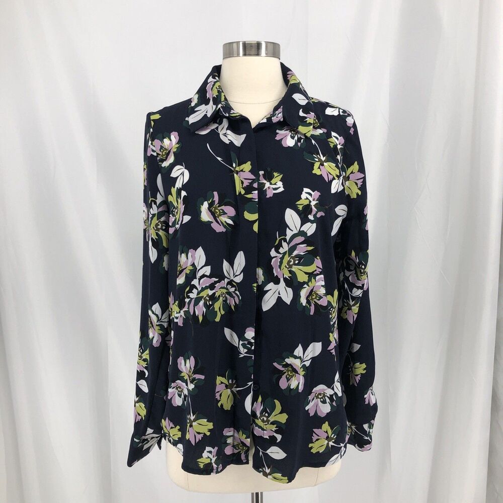 Halogen Women’s M Navy Floral Button Front Blouse Wide Cuff Business Chic